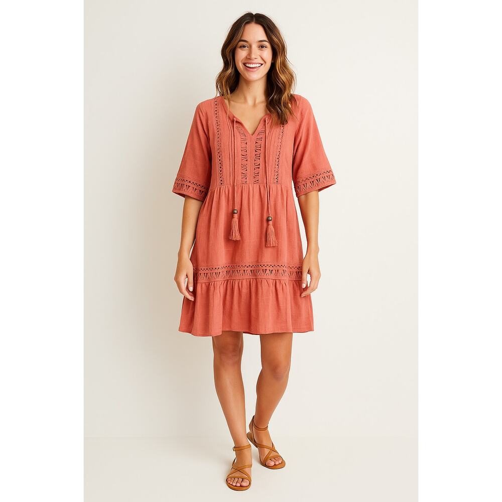 Knox Rose Dress Women L Salmon Cotton Boho Crochet Trim Tassel Peasant Dress NWT